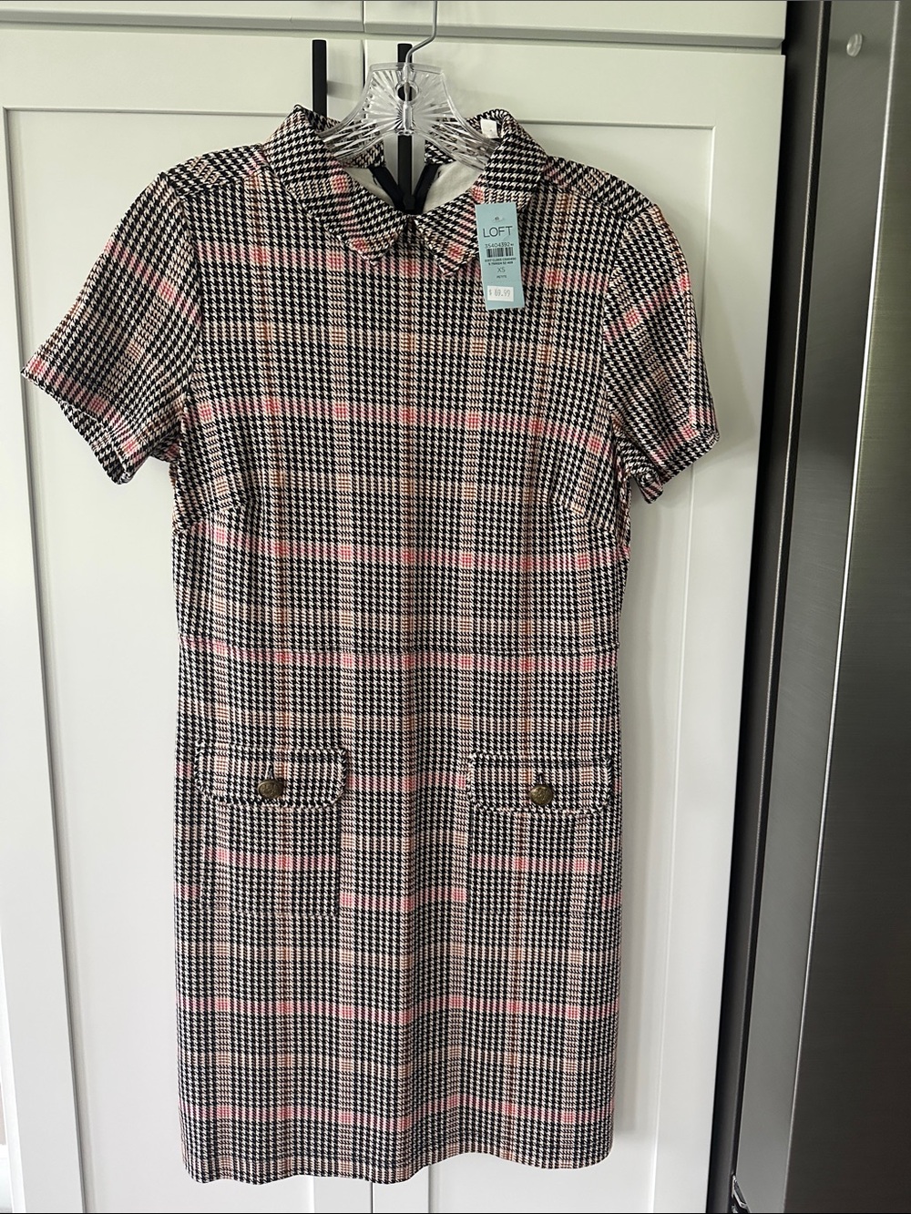LOFT Pink & Black Plaid Short-Sleeve Shift Dress with Front Pockets
